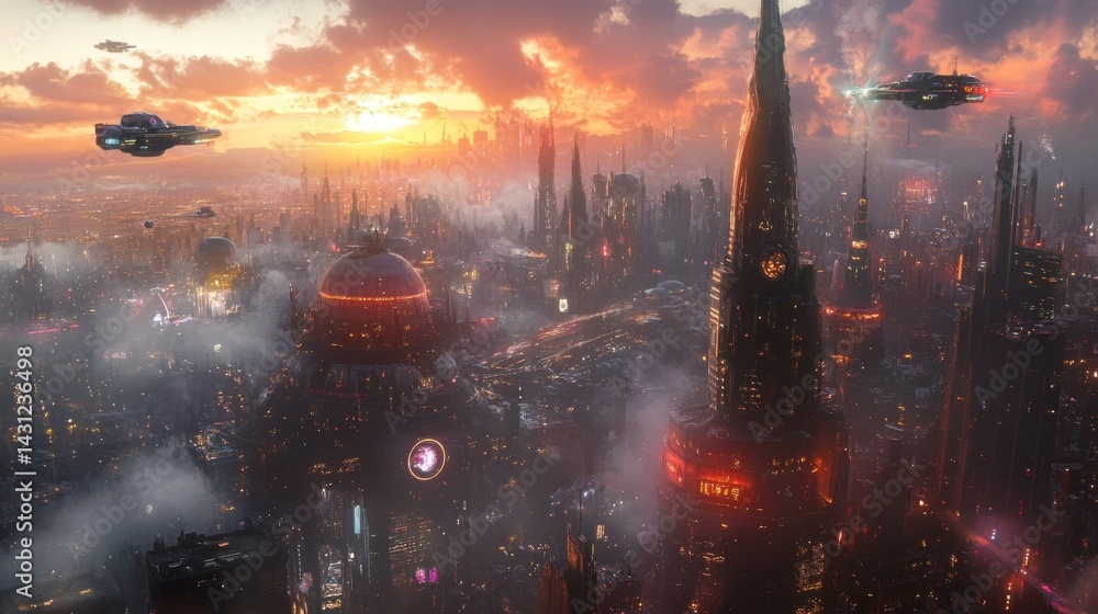 Fototapeta premium Sunset Over Futuristic Metropolis: A Digital Painting of a Sci-fi Cityscape