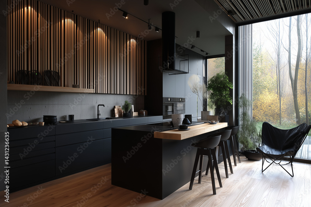 Fototapeta premium Black and dark wood modern kitchen, black cabinets, wooden countertop, black wall behind the cabinet with wood paneling, interior design photography