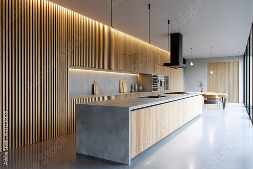 minimalist interior design with kitchen cabinets and wood slat wall