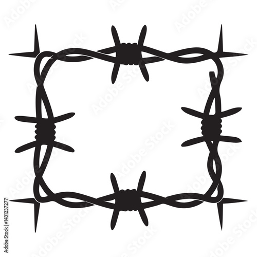 Twisted barbed wire Vector Black silhouettes set in rounded and square shapes. illustration of steel wire barb fence frames. Concept of protection, danger or security. with white background