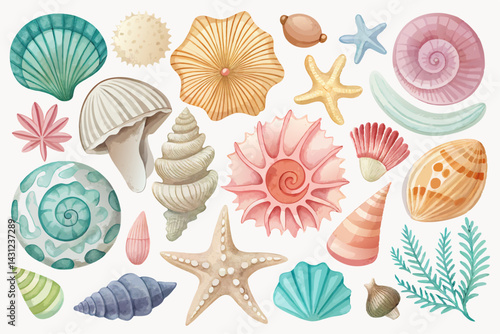 Watercolor Seashells and Starfish Collection for Summer Designs