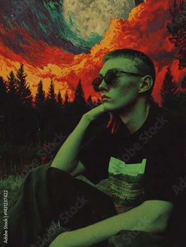 Junger Mann mit Sonnenbrille, Wald, rote Wolken