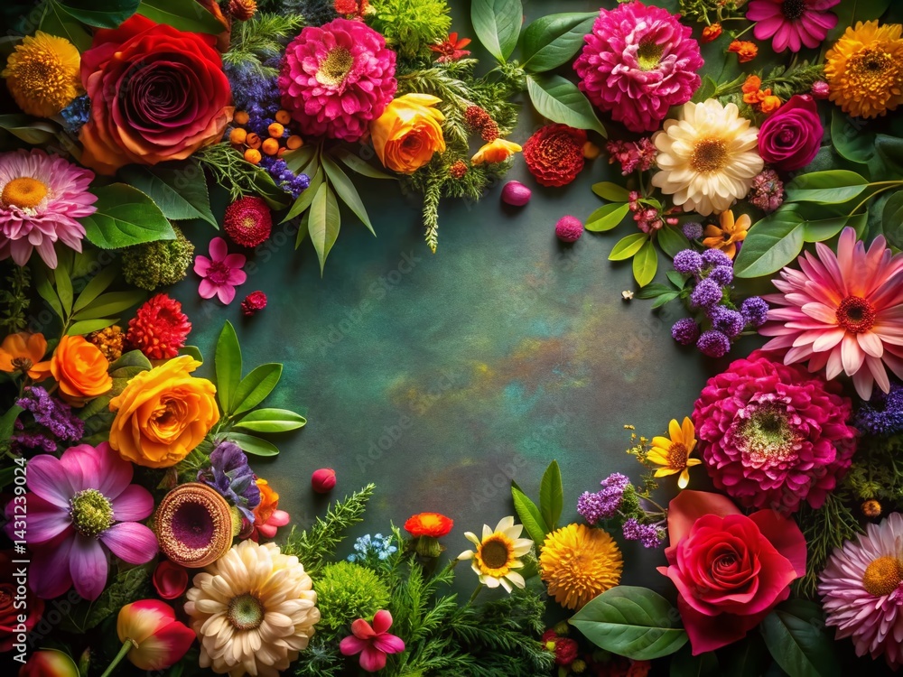 Fototapeta premium Low Light Floral Border: Colorful Flowers & Leaves Nature Frame with Copy Space