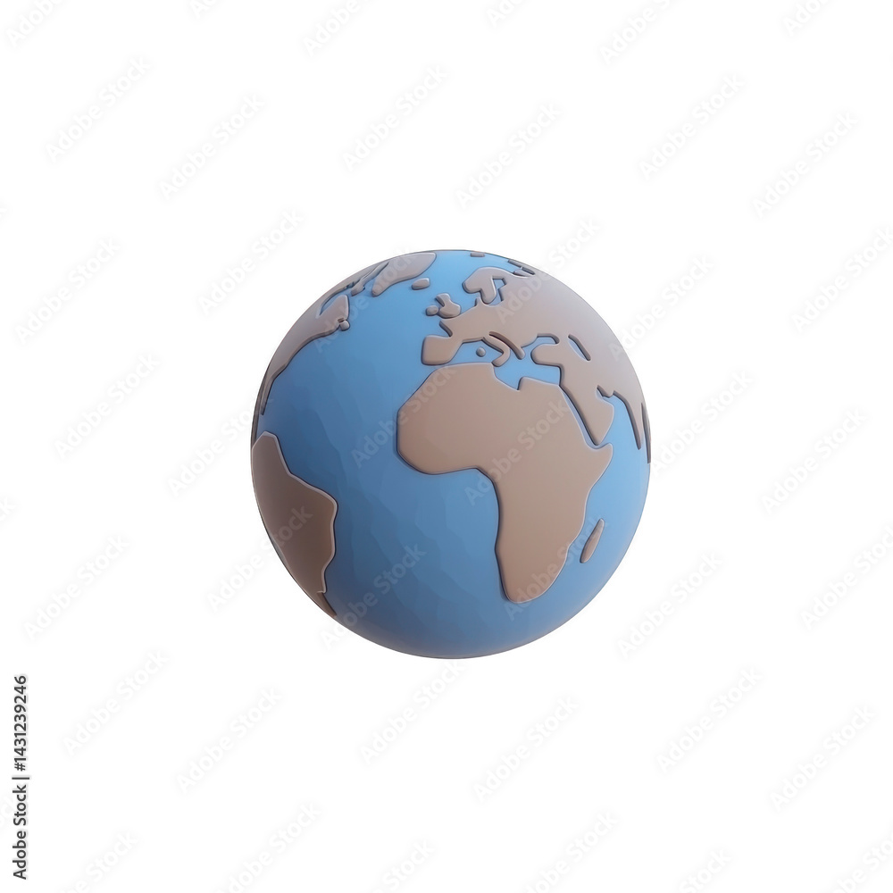 Naklejka premium 3D illustration of Earth showcasing continents brown and oceans blue, set against plain background. globe highlights Africa and Europe prominently, offering simplified, artistic representation
