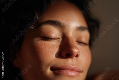 minimalistic close-up of peaceful person sleeping under soft natural light eyes closed serene expression on their face
