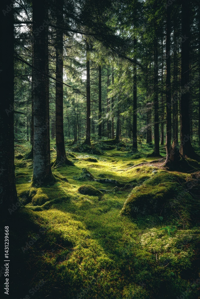 Enchanting forest floor with vibrant moss and towering trees bathed in ethereal sunlight creating a serene and tranquil atmosphere in a lush woodland