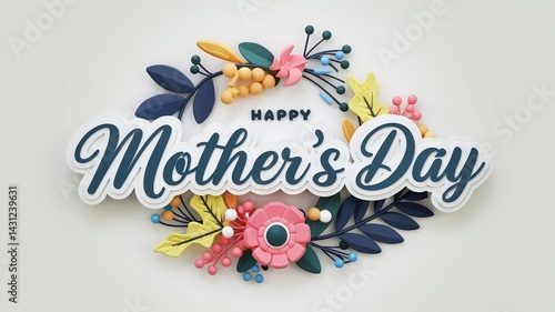 Vibrant and Colorful 'Happy Mother's Day' Design Featuring a Circular Floral Arrangement with Pink, Yellow, Green, and Blue Flowers, Leaves, and Berries, and Elegant Cursive Typography at the Center