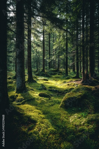 Obraz na płótnie Enchanting forest floor with vibrant moss and towering trees bathed in ethereal sunlight creating a serene and tranquil atmosphere in a lush woodland w salonie