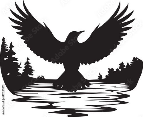 Majestic Silhouette of a Bird Taking Flight over a Forest Lake