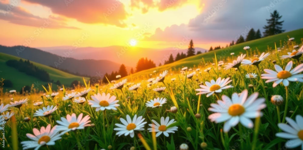 Fototapeta premium Sun-drenched daisies carpet a gently rolling hillside, vibrant against sunset , plants, rural