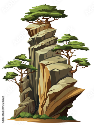 Tree on cliff. Stone cliff land greenery. Lonely tree on big stone mountain cliff. Large solid rock peak landscape. Mountain headland cartoon game asset object, vector isolated on white background.