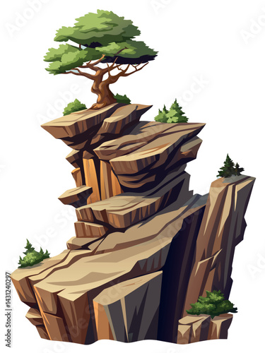 Tree on cliff. Stone cliff land greenery. Lonely tree on big stone mountain cliff. Large solid rock peak landscape. Mountain headland cartoon game asset object, vector isolated on white background.