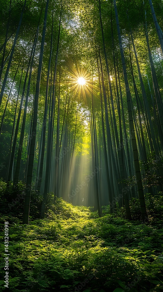 Naklejka premium Lush green bamboo forest with tall trees glowing high resolution photo