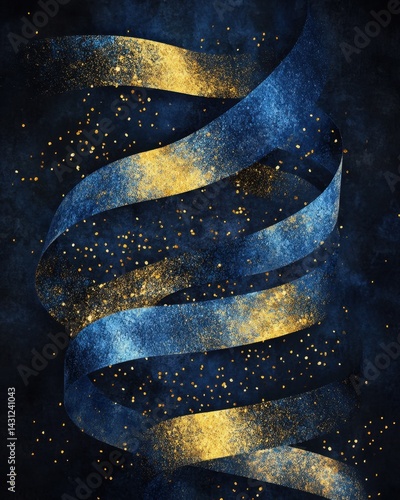 Elegant swirl of blue and gold ribbons on a dark background creating a festive and luxurious visual texture with a modern artistic style