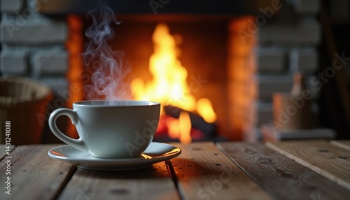Wallpaper Mural Steaming teal cup on saucer cozy relaxing in front of roaring fireplace glow Torontodigital.ca