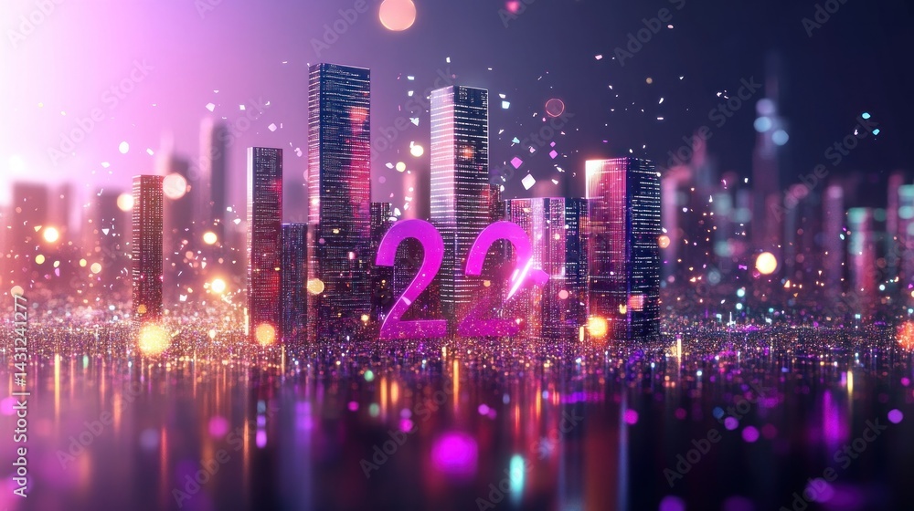 Fototapeta premium Futuristic city skyline at night, illuminated with vibrant colors and the year 2022