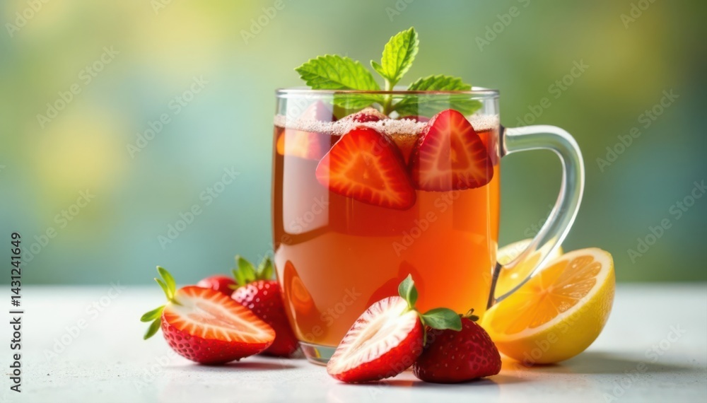 A refreshing cup of tea, garnished with strawberries, mint, and lemon slices on a white background , summer, still life, visual A refreshing cup of tea, garnished with strawberries, mint, and lemon slices on a white background , summer, still life, visual