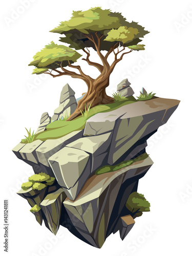 Tree on cliff. Stone cliff land greenery. Lonely tree on big stone mountain cliff. Large solid rock peak landscape. Mountain headland cartoon game asset object, vector isolated on white background.