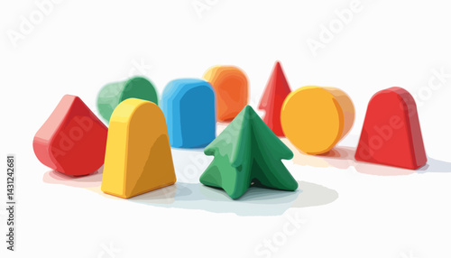 Colorful geometric board game tokens arranged artistically, playful fun