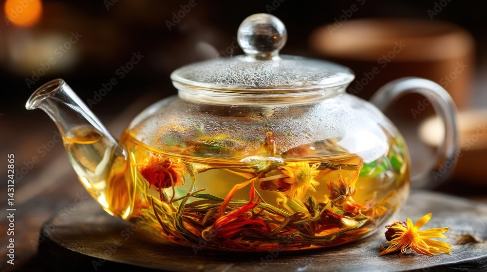 Aromatic herbal tea in a glass teapot Aromatic herbal tea in a glass teapot