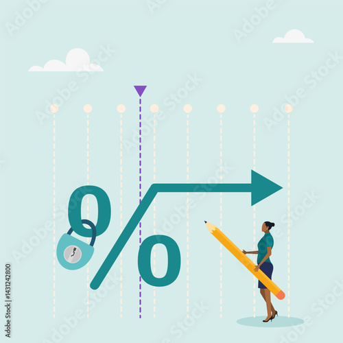 Character with percentage sign, fixed interest rate. Mortgage or loan, with fixed cost or constant price. Vector illustration.	