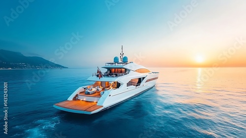 Luxury yacht at sunset on calm ocean, wooden deck, lights