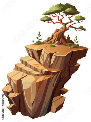 Tree on cliff. Stone cliff land greenery. Lonely tree on big stone mountain cliff. Large solid rock peak landscape. Mountain headland cartoon game asset object, vector isolated on white background.