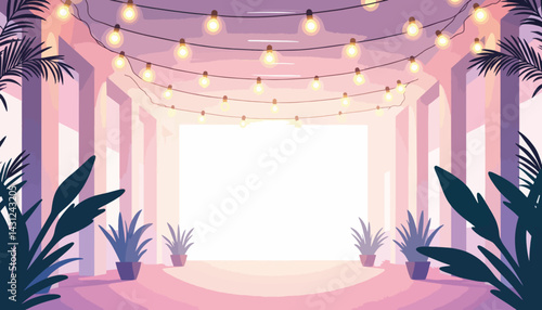 Elegant indoor prom setup with geometric string lights, festive ambiance