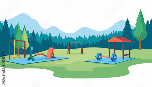 Billede på lærred Outdoor bootcamp setup with geometric equipment and trees, fitness concept