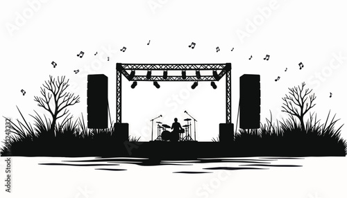 Outdoor music stage silhouette with drummer and notes, creative vibes