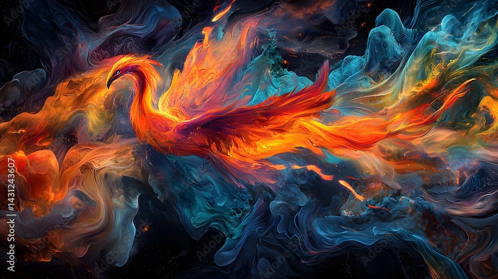 Fototapeta premium Majestic Phoenix Rising from Colorful Flames and Ethereal Smoke