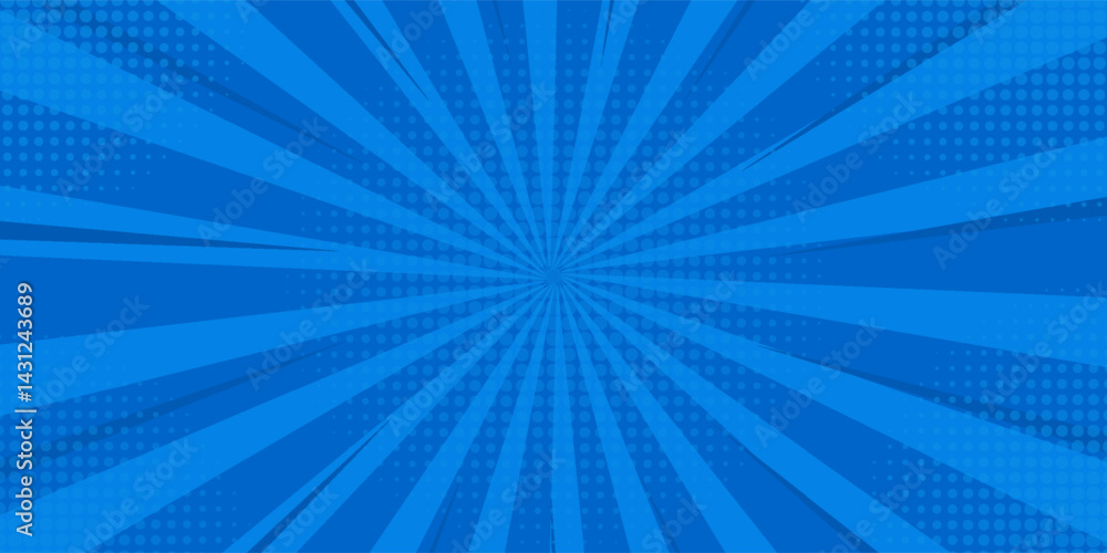 Obraz premium Pop art comic blue background with halftone, rays, gradient. Vector cartoon illustration in retro style. Design for comic book, poster, banner