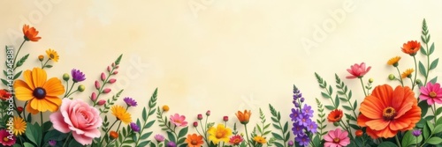 Wallpaper Mural Creamy beige textured background, vibrant wildflowers border, blank space , stock photo, minimalist, pastel Torontodigital.ca