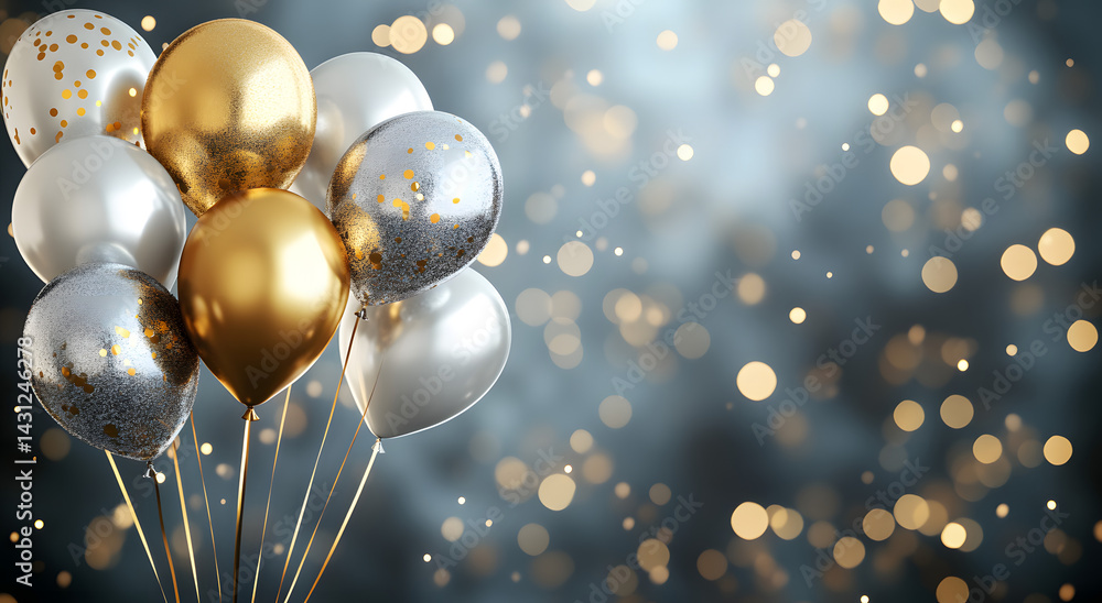 Golden party balloons and bokeh light effect on dark background. Golden party balloons and bokeh light effect on dark background.