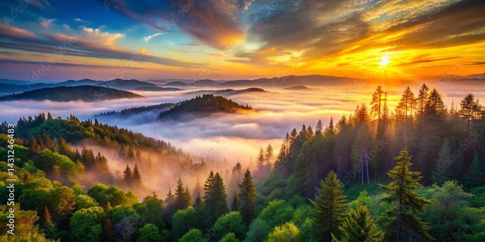 Obraz premium Majestic Mountaintop Panorama: Long Exposure Forest View