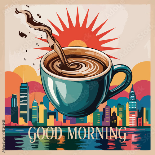 Good morning typrography t shirt design .Vibrant Illustration of a Steaming Coffee Cup with Cityscape at Sunrise.eps