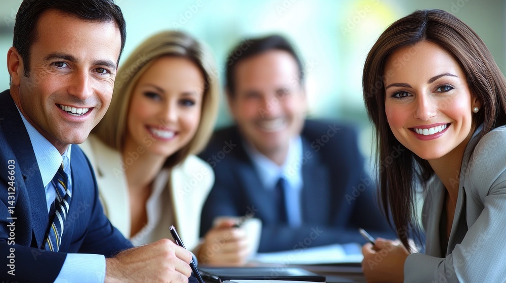 A diverse group of professionals engaged in a meeting at a modern conference table. A diverse group of professionals engaged in a meeting at a modern conference table.