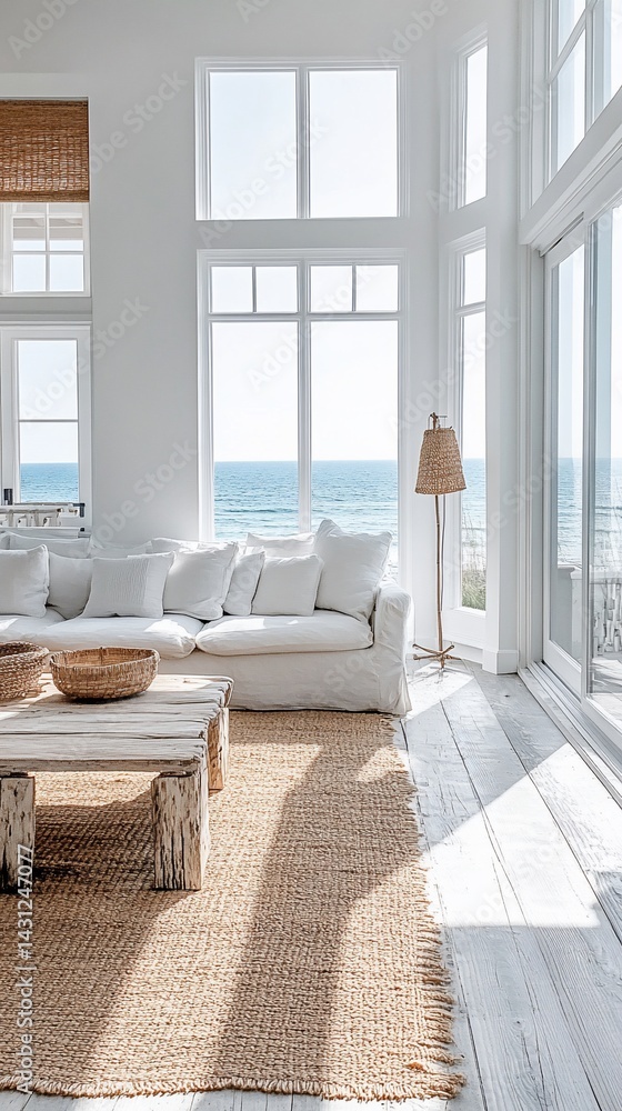 Fototapeta premium Coastal living room with ocean view