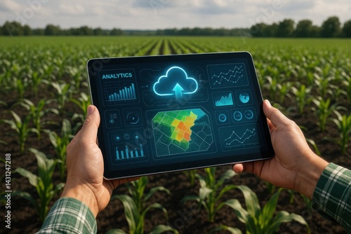 Technology in agriculture with cloud-based analytics displayed on digital tablet, enhancing precision farming and smart decisions