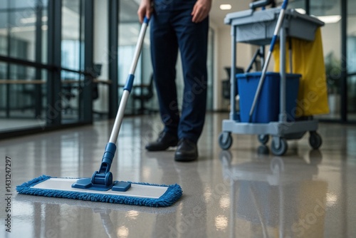 Close-up of mop cleaning shiny epoxy floor in modern office, with cleaning cart and tools in background, professional janitorial service