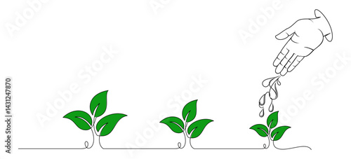 Line art style Watering plants with hands on the ground. Vector illustration of saving the environment on Earth Day 1