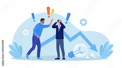 Abuse or bullying colleagues. Boss scolding, rebuking incompetent employee. Businessman as victim of bullies. Fear of failure, loser afraid of business mistake, anxiety or stressed from work pressure
