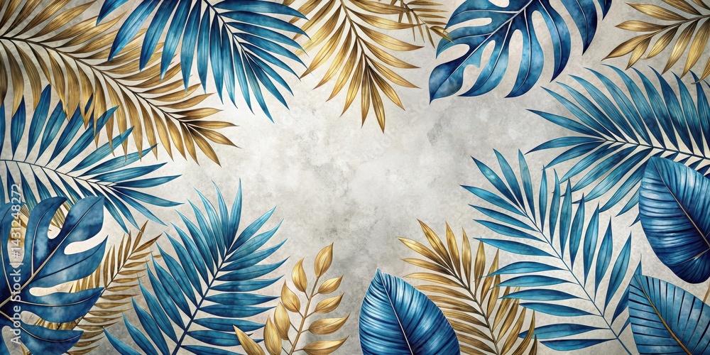 Fototapeta premium Canvas Poster Blue Gold Tropical Leaves Light Background Wallpaper Style , gold, design, gold, design, minimalist, home, leaves