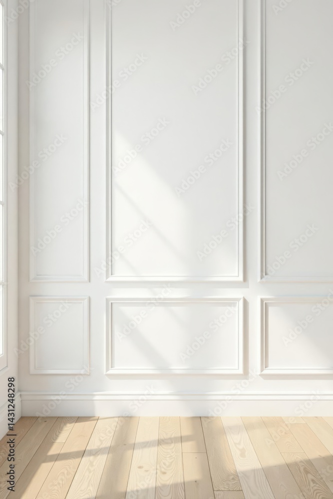 Fototapeta premium Clean white paneled wall, light wood floor Classical design mock-up , bright, classic