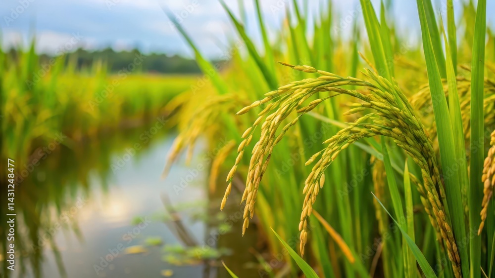 Fototapeta premium Close-up of green rice plant with delicate leaves and brown stem in a paddy field with tall grasses and water, India , Indian countryside, landscape
