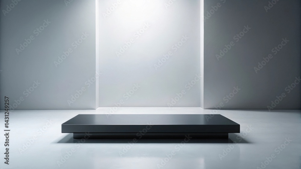 Fototapeta premium A sleek, dark platform in a minimalist, brightly lit interior space, perfect for showcasing products or artwork