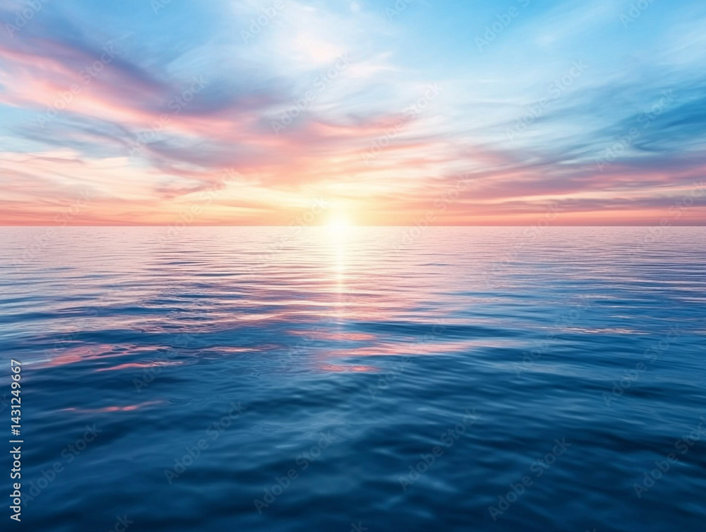 Obraz premium serene ocean view at sunset, showcasing soft pink and blue clouds reflecting on calm water surface, creating tranquil and peaceful atmosphere