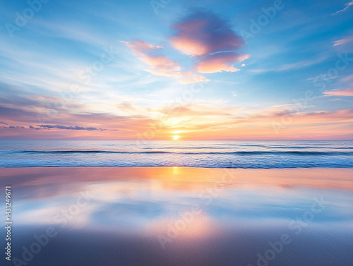 serene sunset over calm ocean, with soft pink and blue clouds reflecting on water surface, creating tranquil atmosphere. gentle waves lap against shore, enhancing peaceful scene