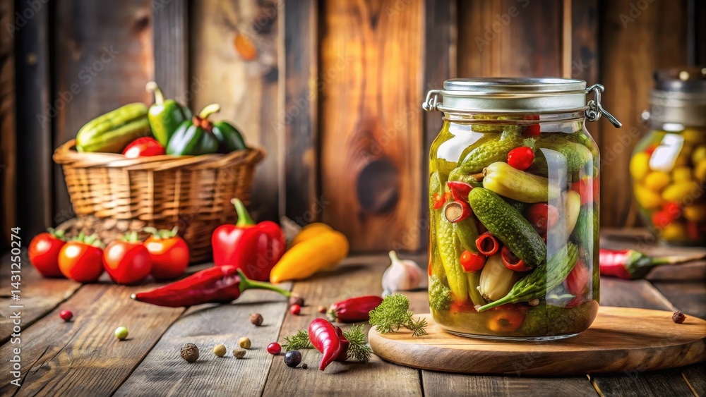 pickles and chili peppers in vinegar jar on wooden table , kitchen, condiment, kitchen, condiment, spices pickles and chili peppers in vinegar jar on wooden table , kitchen, condiment, kitchen, condiment, spices