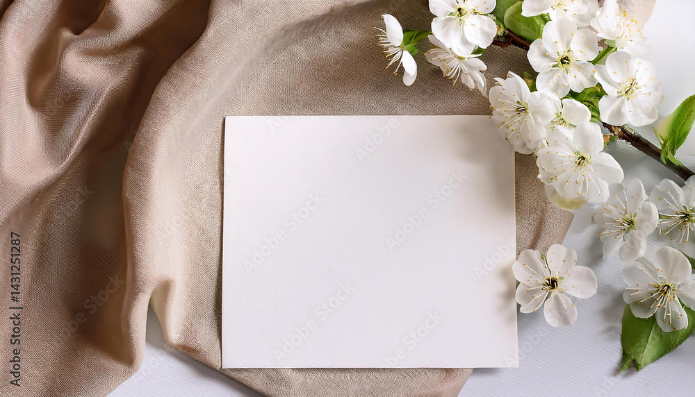 White card on soft fabric. Spring flowers bloom near the card. Blank card rests with blossoms. Note card for writing message. White card on soft fabric. Spring flowers bloom near the card. Blank card rests with blossoms. Note card for writing message.